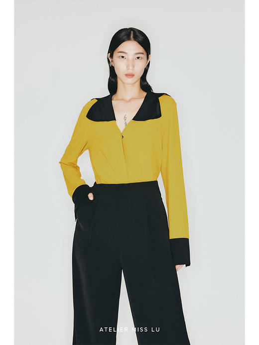 【不眠夜】双层撞色拼接V领弹力针织上衣/23008 商品图1