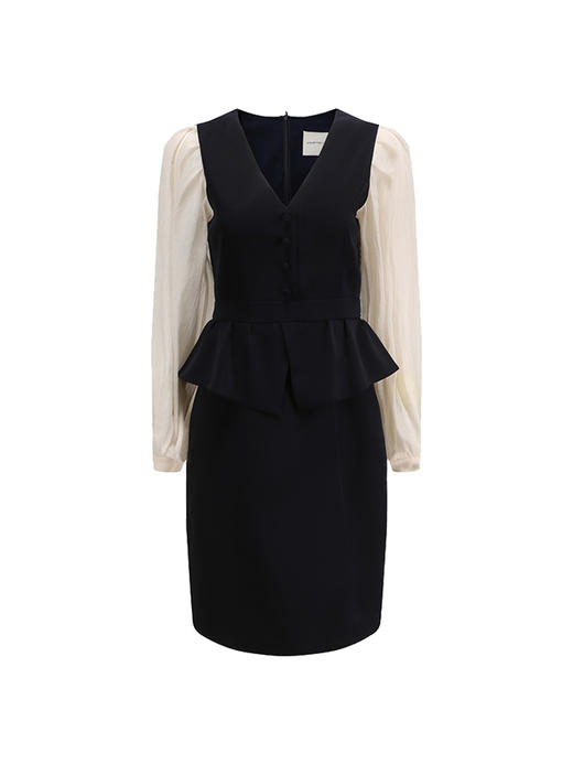 【蓝莓之夜】腰部立体荷叶边设计廓形纱袖V领修身连衣裙/2300006A 商品图4