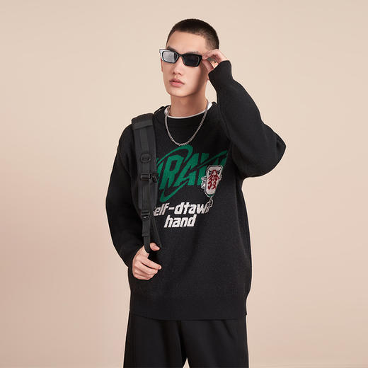 西遇针织衫男2023年秋冬季新款麻将发财长袖内搭毛衣圆领宽松上衣12122454 商品图2