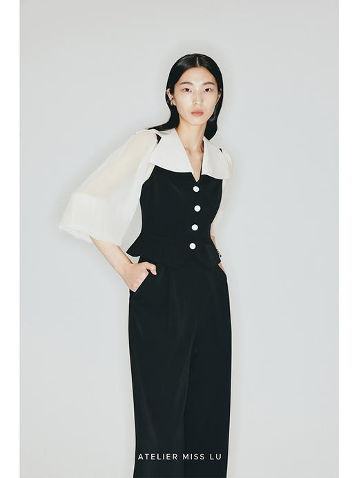 【巴黎之花】撞色异形大翻领廓形纱袖收腰马甲上衣/23006A 商品图1