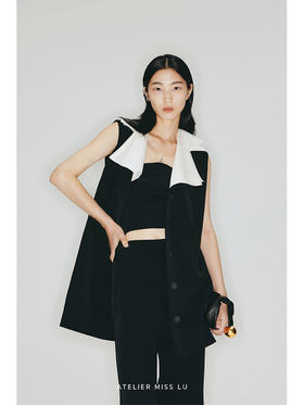 【幻之光】异形大翻领薄纱拼接H型马甲连衣裙/2300004