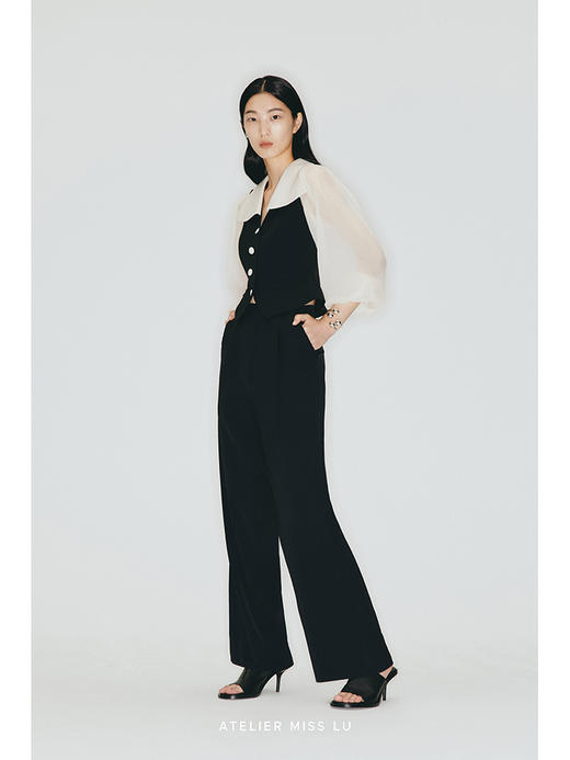 【巴黎之花】撞色异形大翻领廓形纱袖收腰马甲上衣/23006A 商品图0