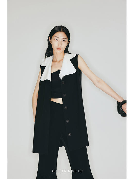 【幻之光】异形大翻领薄纱拼接H型马甲连衣裙/2300004 商品图1