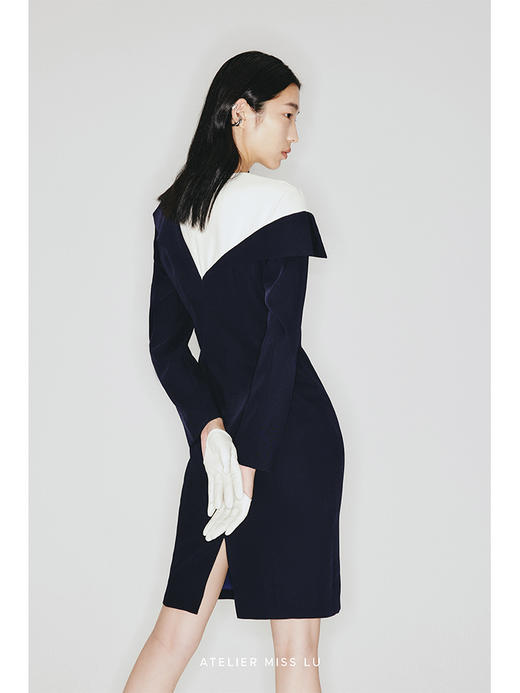 【信封】不规则几何撞色假两件修身长袖连衣裙/23000010 商品图2