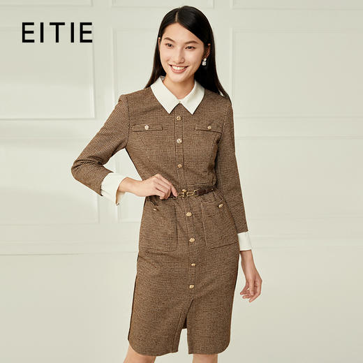 EITIE爱特爱气质翻领格纹收腰中长款连衣裙6807509 商品图0