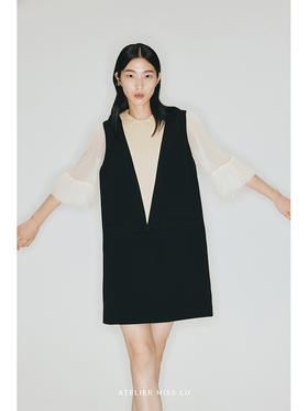 【梦旅人】几何撞色分割花苞纱袖H形连衣裙/2300002