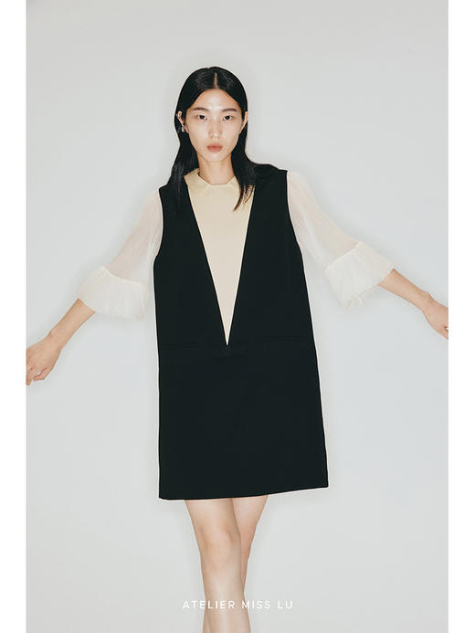 【梦旅人】几何撞色分割花苞纱袖H形连衣裙/2300002 商品图0