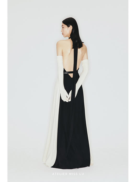 【午夜巴黎】大露背飘带设计环保皮质腰带挂脖式长裙/23000002 商品图3