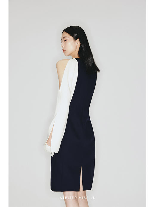 【西雅图夜未眠】曲线撞色拼接设计露肩开口袖修身连衣裙/2300008 商品图2