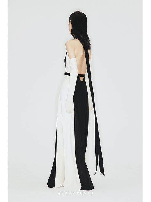 【午夜巴黎】大露背飘带设计环保皮质腰带挂脖式长裙/23000002 商品图2