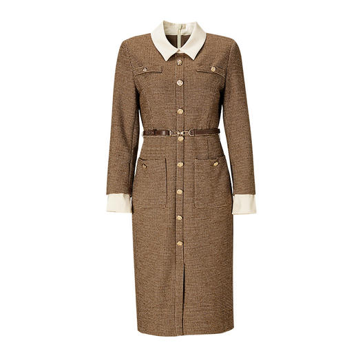 EITIE爱特爱气质翻领格纹收腰中长款连衣裙6807509 商品图5