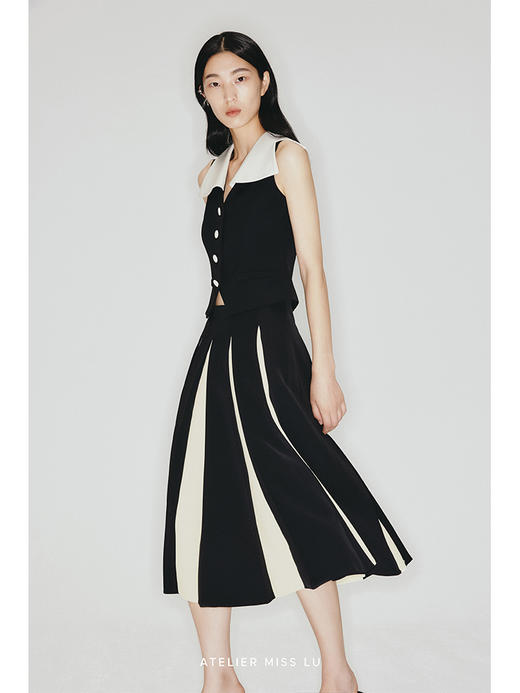 【罗马假日】撞色异形大翻领收腰马甲上衣/23005A 商品图1