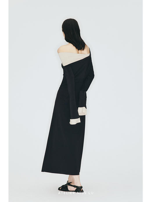 【格雷丝】撞色拼接多穿露肩双层喇叭袖弹力针织连衣裙/23000014 商品图3