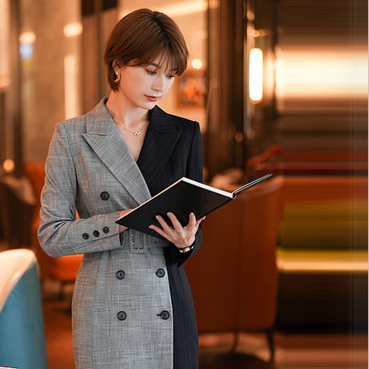 西装连衣裙女2023秋装新款职业通勤拼接气质收腰裙子 商品图2