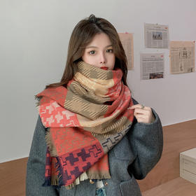 2022韩版新款彩色千鸟格仿羊绒围巾秋冬加厚保暖披肩短须流苏学生围脖