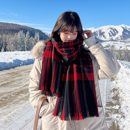 秋冬人字纹格子仿羊绒围巾女短须新款韩版ins风保暖披肩学生围脖 商品图0