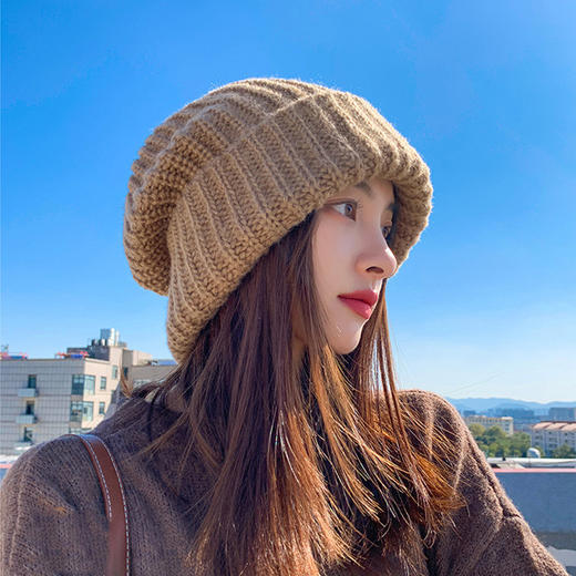 新款日系学生成人大号男帽子女冬季ins百搭粗针织毛线保暖防寒堆堆帽 商品图0