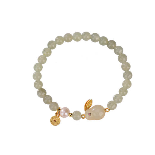 S925纯银镀金，和田玉青玉小团圆玉兔钱币手链气质本命年手串CW-200 商品图4