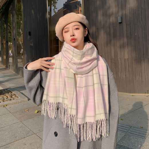 2022秋冬季新款格子仿羊绒围巾韩版百搭保暖披肩长款流苏学生围脖 商品图1