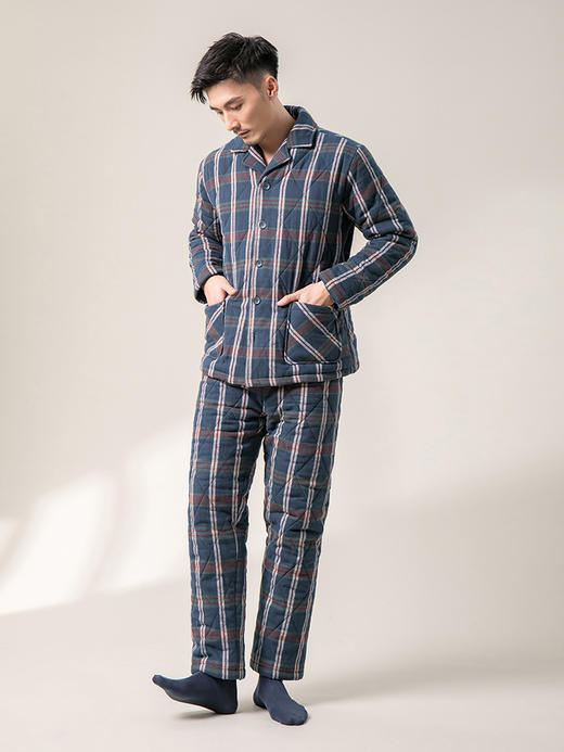 康妮雅睡衣家居服 男式长袖长裤开襟套装*蓝格 厚款 商品图5