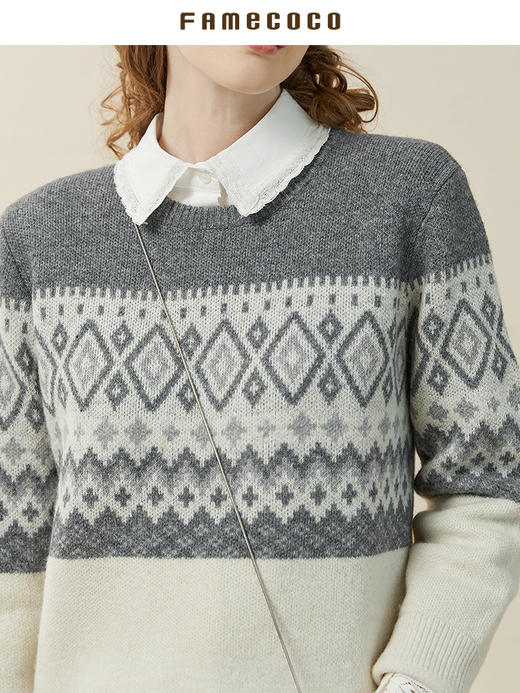 Famecoco范可儿菱形格毛衣女秋冬款圆领套头毛衫羊毛针织F228DB022 商品图3