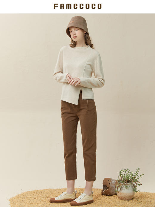 Famecoco范可儿半高领羊毛衫女100纯羊毛冬季不规则开衩毛衣 商品图3