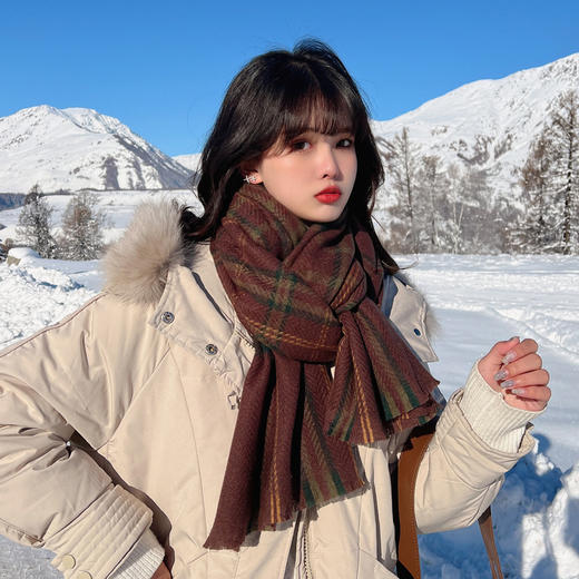 秋冬人字纹格子仿羊绒围巾女短须新款韩版ins风保暖披肩学生围脖 商品图2