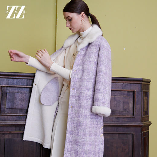 佐尔美2021冬季新款气质格子貂毛领羊剪绒大衣女E94YJ48 商品图3