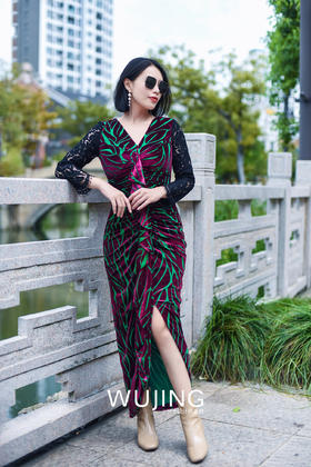 【雾境定制款】妖娆女人味定制丝绒烧花面料拼接股线蕾丝超级遮肉花苞裙 2202192