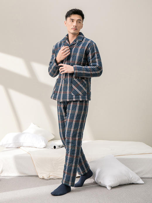 康妮雅睡衣家居服 男式长袖长裤开襟套装*蓝格 厚款 商品图3