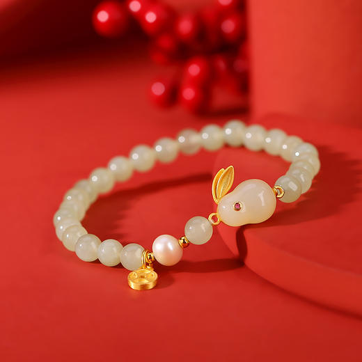 S925纯银镀金，和田玉青玉小团圆玉兔钱币手链气质本命年手串CW-200 商品图1