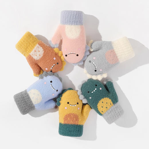 【萌趣恐龙手套！御寒又保暖】雪花秀冬季加绒加厚儿童宝宝手套 可爱全指保暖挂脖手套寝具用品-QQ 商品图1