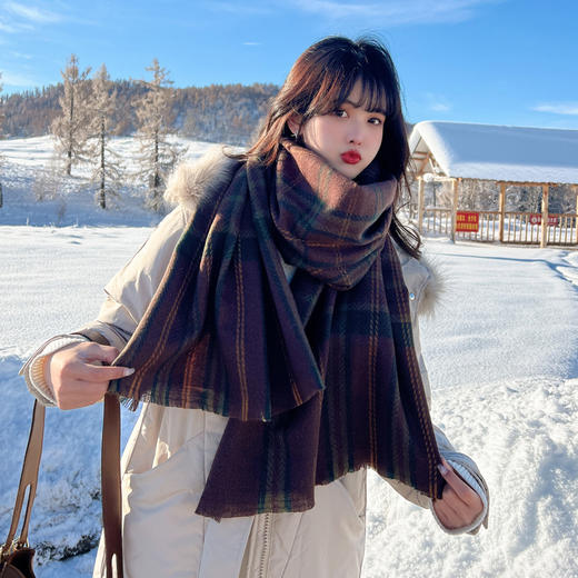 秋冬人字纹格子仿羊绒围巾女短须新款韩版ins风保暖披肩学生围脖 商品图1