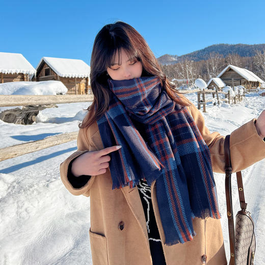 秋冬人字纹格子仿羊绒围巾女短须新款韩版ins风保暖披肩学生围脖 商品图3