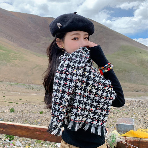 2022秋冬小香风千鸟格仿羊绒围巾女韩版百搭格子披肩流苏保暖围脖 商品图0