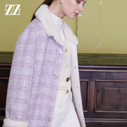 佐尔美2021冬季新款气质格子貂毛领羊剪绒大衣女E94YJ48 商品图4