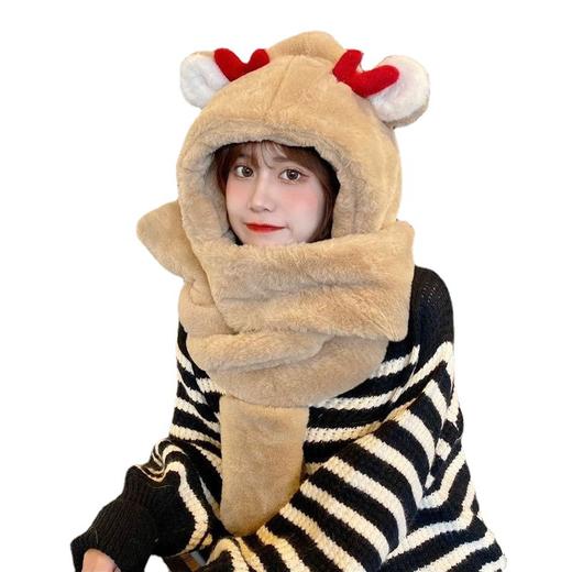 【帽子+围巾+手套三合一！加厚保暖】帽子女冬季鹿角帽子围巾一体帽 女新款百搭可爱 骑行毛绒保暖三件套。ry 商品图4