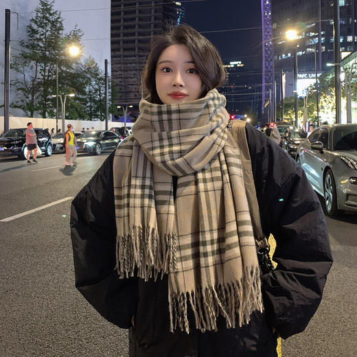 2022秋冬韩版双线格子围巾女长款百搭仿羊绒保暖披肩情侣围脖 商品图0