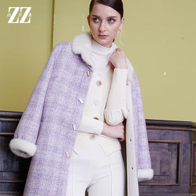 佐尔美2021冬季新款气质格子貂毛领羊剪绒大衣女E94YJ48