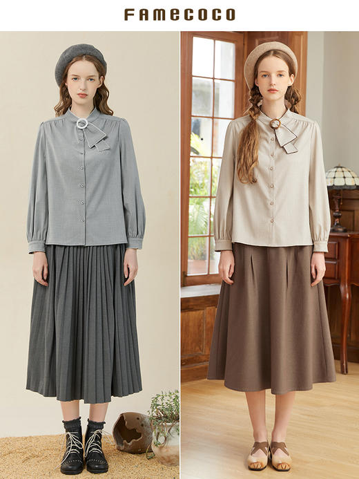 Famecoco范可儿条巾式领子衬衫女设计感小众秋冬长袖衬衣打底F228BA003 商品图4