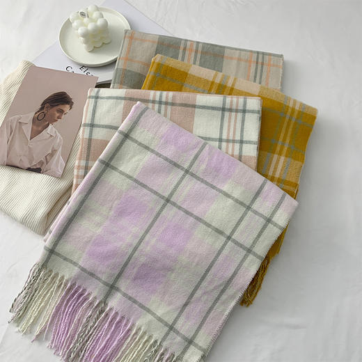 2022秋冬季新款格子仿羊绒围巾韩版百搭保暖披肩长款流苏学生围脖 商品图3