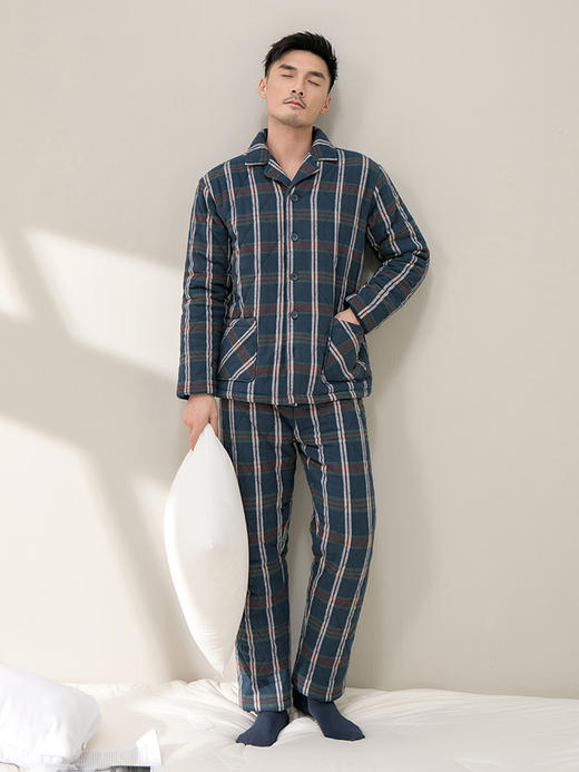 康妮雅睡衣家居服 男式长袖长裤开襟套装*蓝格 厚款 商品图4