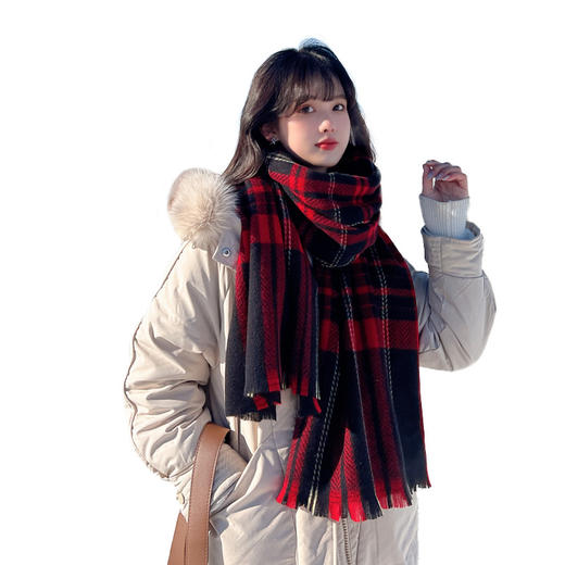 秋冬人字纹格子仿羊绒围巾女短须新款韩版ins风保暖披肩学生围脖 商品图4