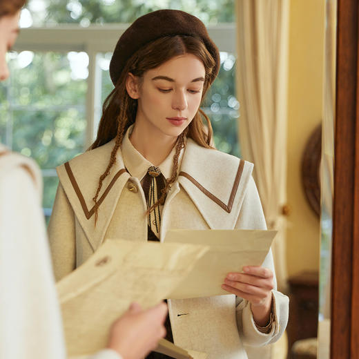 Famecoco范可儿双面呢大衣秋冬pu皮拼接撞色毛呢外套女F228AQ006 商品图2