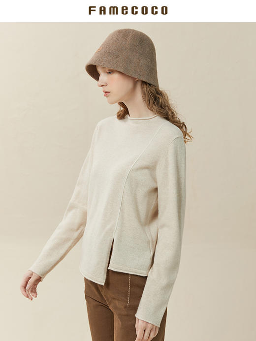 Famecoco范可儿半高领羊毛衫女100纯羊毛冬季不规则开衩毛衣 商品图1