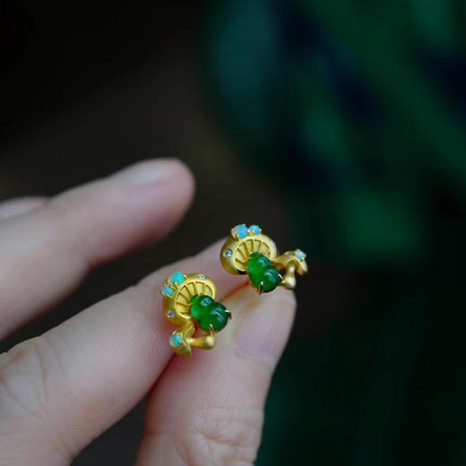 龢盒原创 18k金镶翡翠魔幻小蘑菇耳钉 商品图2