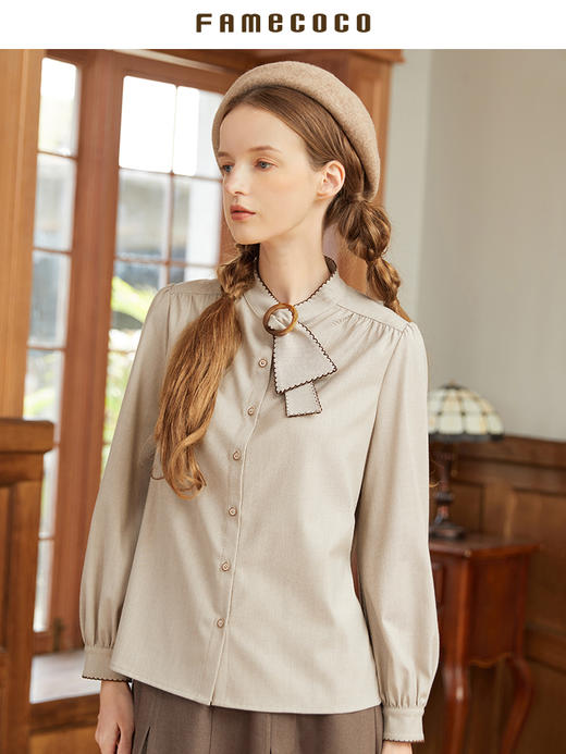 Famecoco范可儿条巾式领子衬衫女设计感小众秋冬长袖衬衣打底F228BA003 商品图1