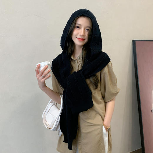 秋冬新款针织羊绒小披肩女外搭洋气打结纯色连帽围巾百搭小坎肩 商品图3