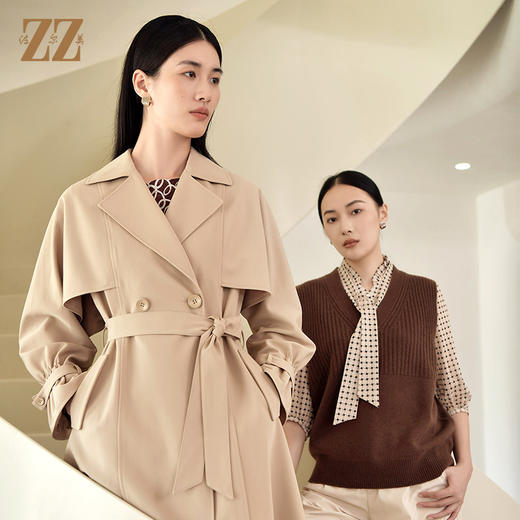 佐尔美2022秋冬新款 气质时尚百搭卡其色蓝色长风衣女E23FC07 商品图4