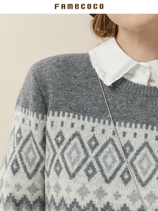 Famecoco范可儿菱形格毛衣女秋冬款圆领套头毛衫羊毛针织F228DB022 商品图1